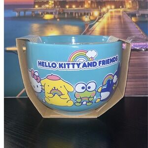 Hello Kitty and Friends Ceramic Ramen Bowl with Chopsticks 20 oz Blue Sanrio